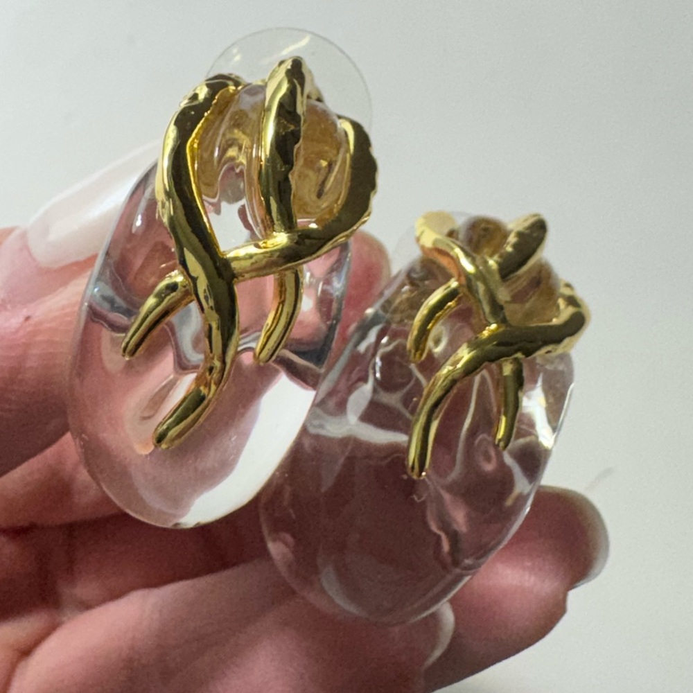 Alexis Bittar Clear Resin Hoop Earrings with Gold Sculptural Accents